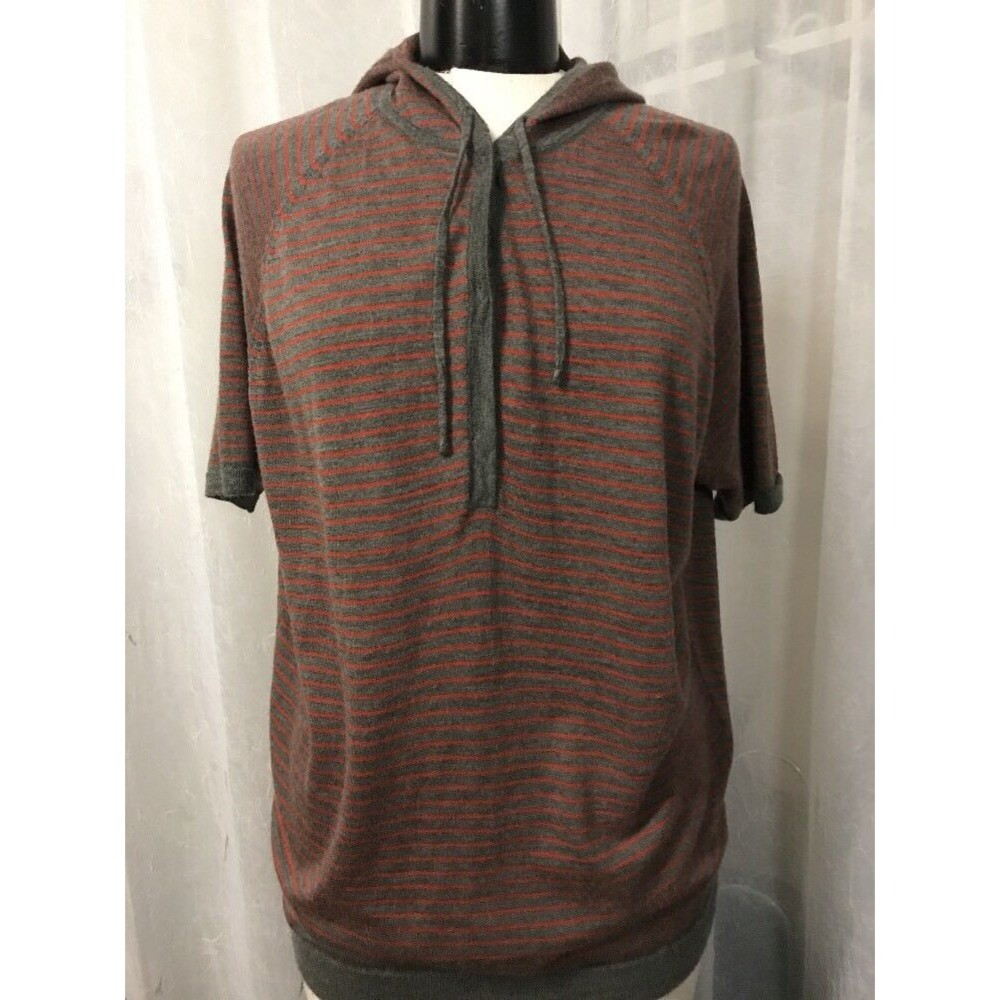Eileen Fisher Women's Hoodie Gray & Red Striped 100% Wool Short Sleeve Size XS